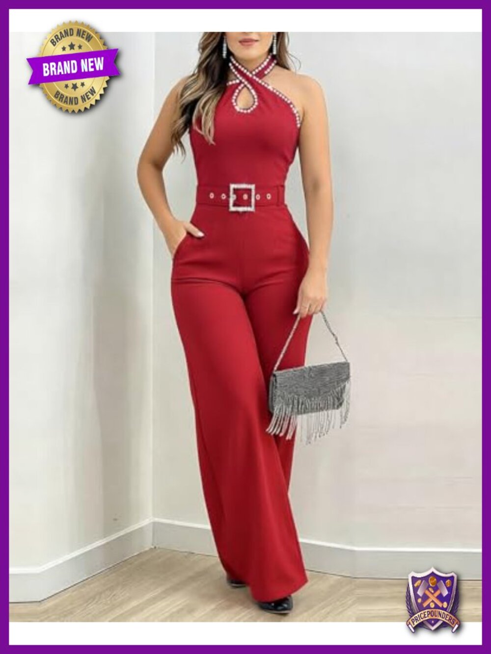 Halter Jumpsuit Elegant Rhinestone Sleeveless Wide Leg Romper with Belt Dressy - Picture 2 of 6